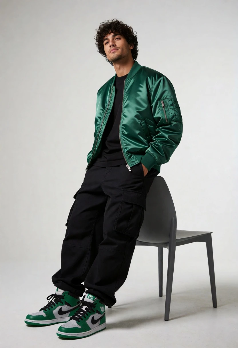 Young man leaning on gray chair in minimalist studio setting - AI generated image prompt sample