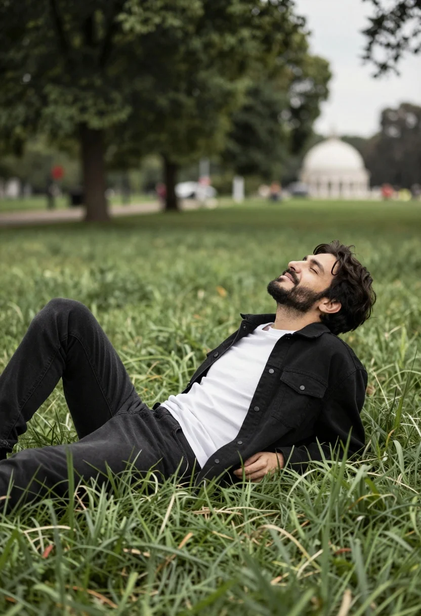 Man reclining in tall green grass looking up at soft daylight - AI generated image prompt sample