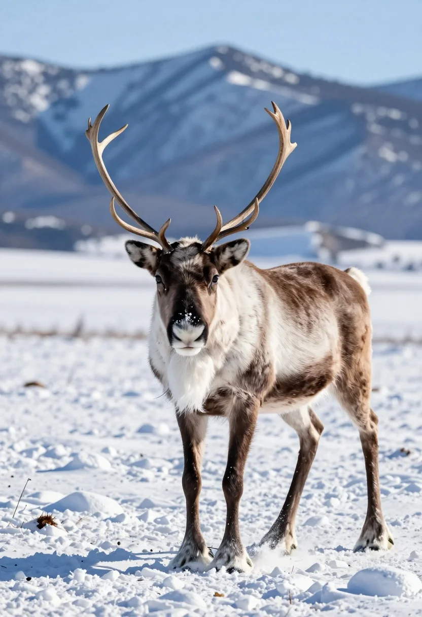 Majestic reindeer walking through snowy tundra before blue mountain peaks - AI generated image prompt sample