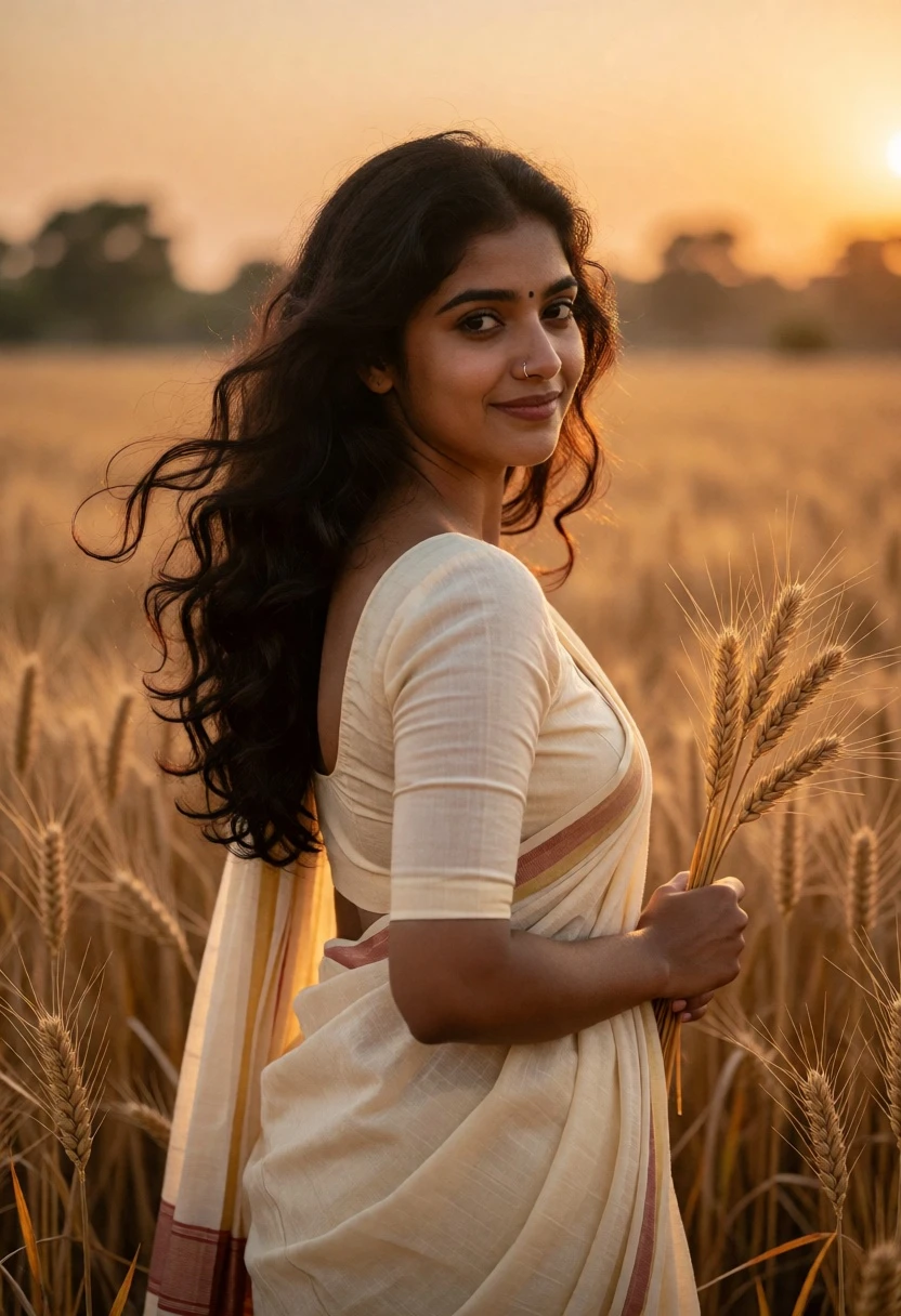 Young woman in traditional outfit standing in golden wheat field at sunset - AI generated image prompt sample