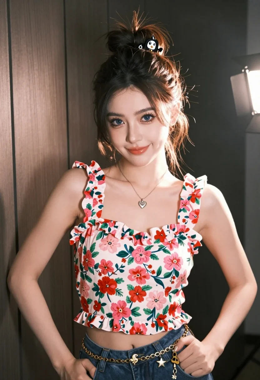 Young woman with dark hair in bun wearing floral top against wood - AI generated image prompt sample