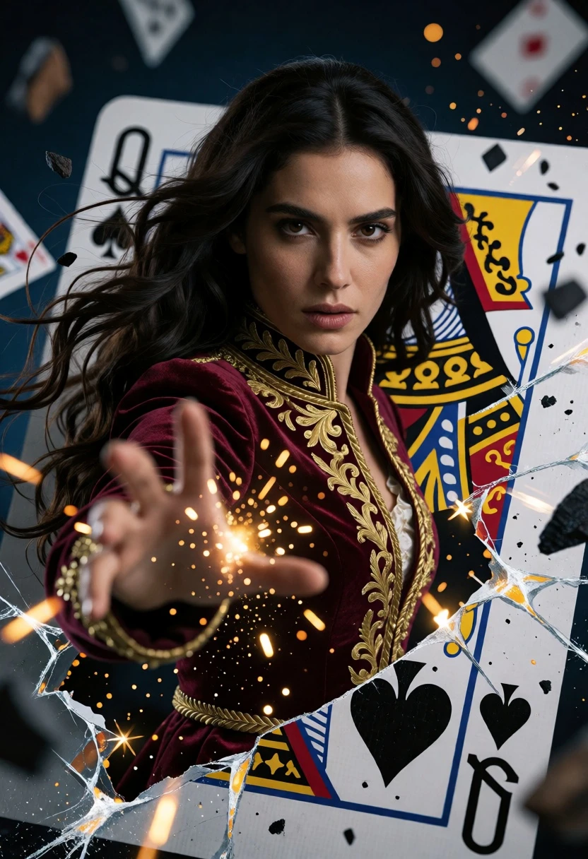 Woman emerging from cracked playing card as queen of spades portrait - AI generated image prompt sample