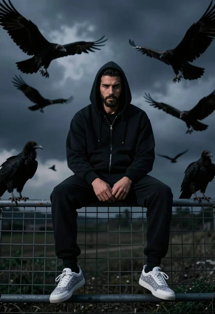 Cinematic portrait of man on metal fence surrounded by black vultures - AI generated image prompt sample