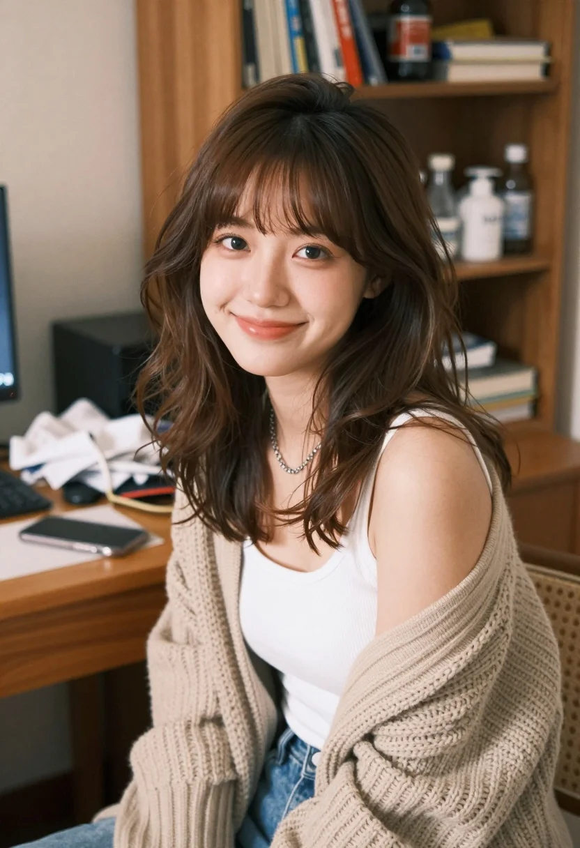 Young woman with brown wavy hair smiling indoors at a cluttered wooden - AI generated image prompt sample