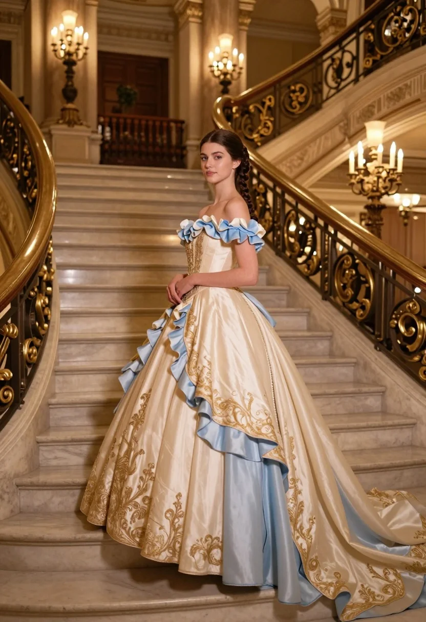 Young woman in elaborate ballgown on grand marble staircase interior - AI generated image prompt sample