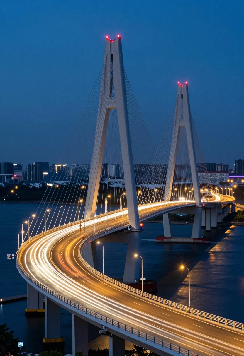 Majestic cable stayed bridge at twilight with glowing yellow light trails - AI generated image prompt sample