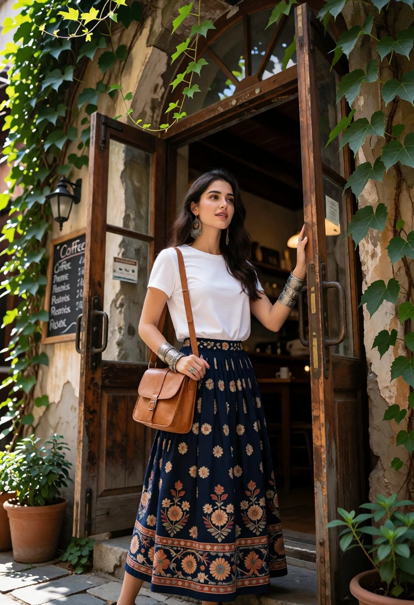 Young woman in doorway of rustic cafe framed by green ivy - AI generated image prompt sample