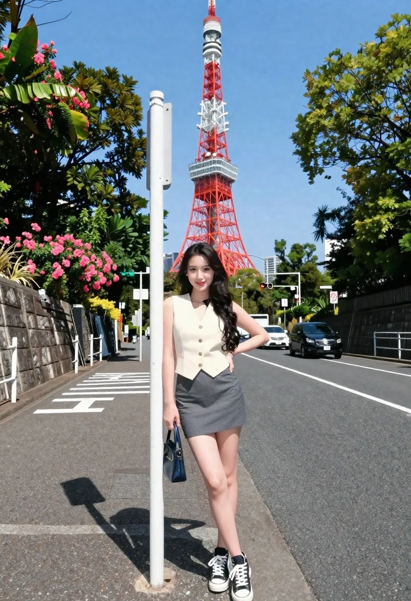 Young woman in stylish outfit standing near tokyo tower on city street - AI generated image prompt sample