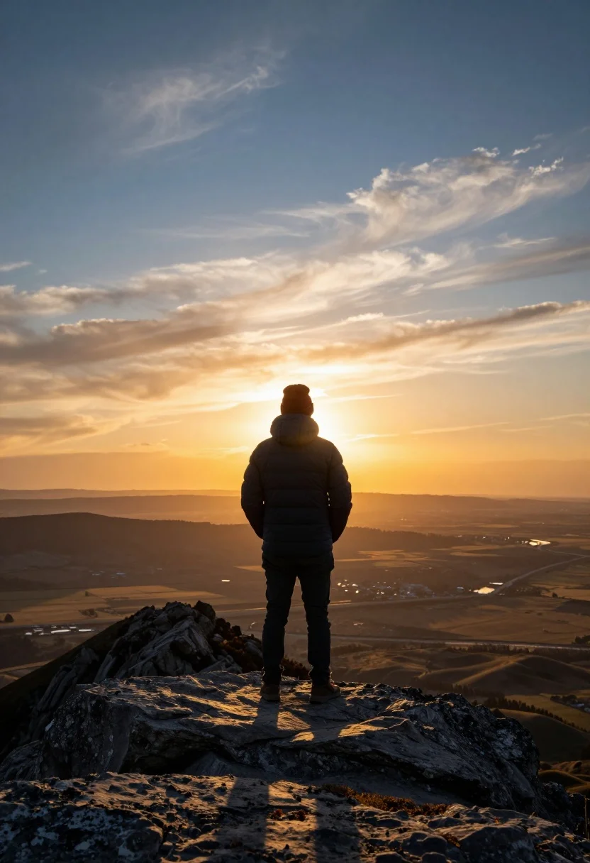 Solitary figure on rocky outcrop viewing vast landscape at brilliant sunset - AI generated image prompt sample