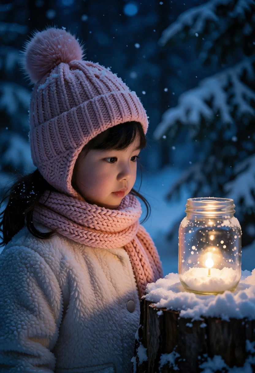 Young girl gazing at glowing jar in snowy forest under blue moonlight - AI generated image prompt sample