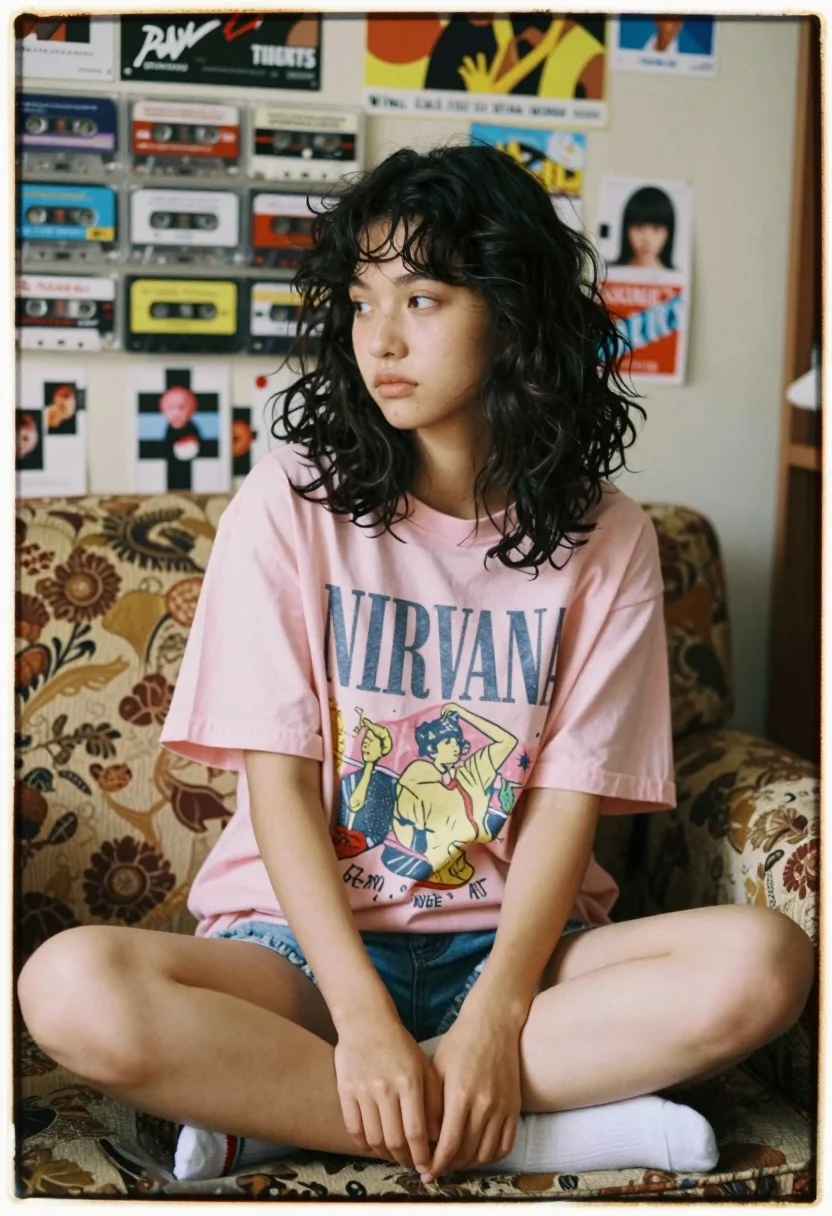 Young woman sitting on couch in cluttered room with posters and advertisements - AI generated image prompt sample