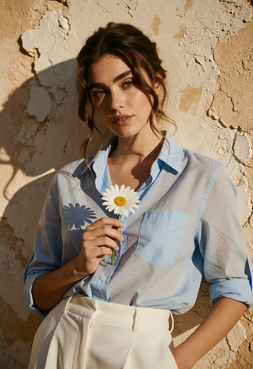 Young woman in light blue shirt against textured beige wall holding daisy - AI generated image prompt sample