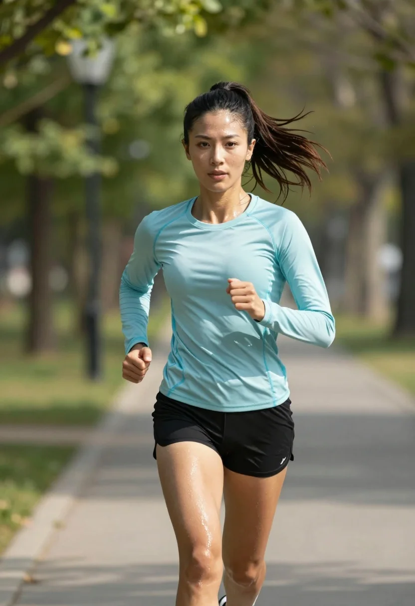 Fit woman running mid stride on paved park path under bright daylight - AI generated image prompt sample