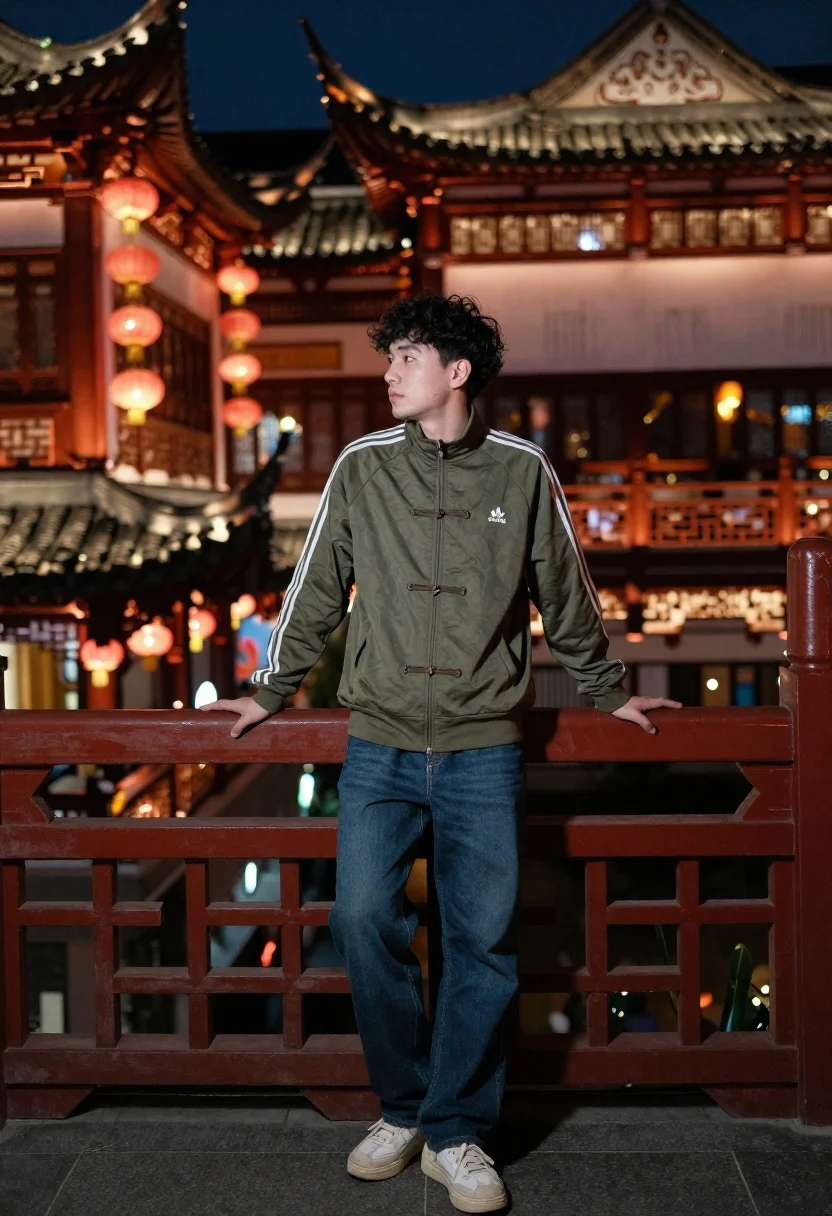 Young man leaning on bridge railing near chinese architecture at night - AI generated image prompt sample