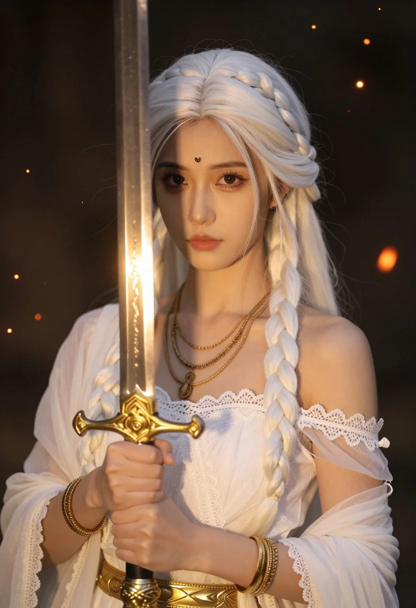 Portrait of woman with white braids holding glowing golden sword in dark - AI generated image prompt sample