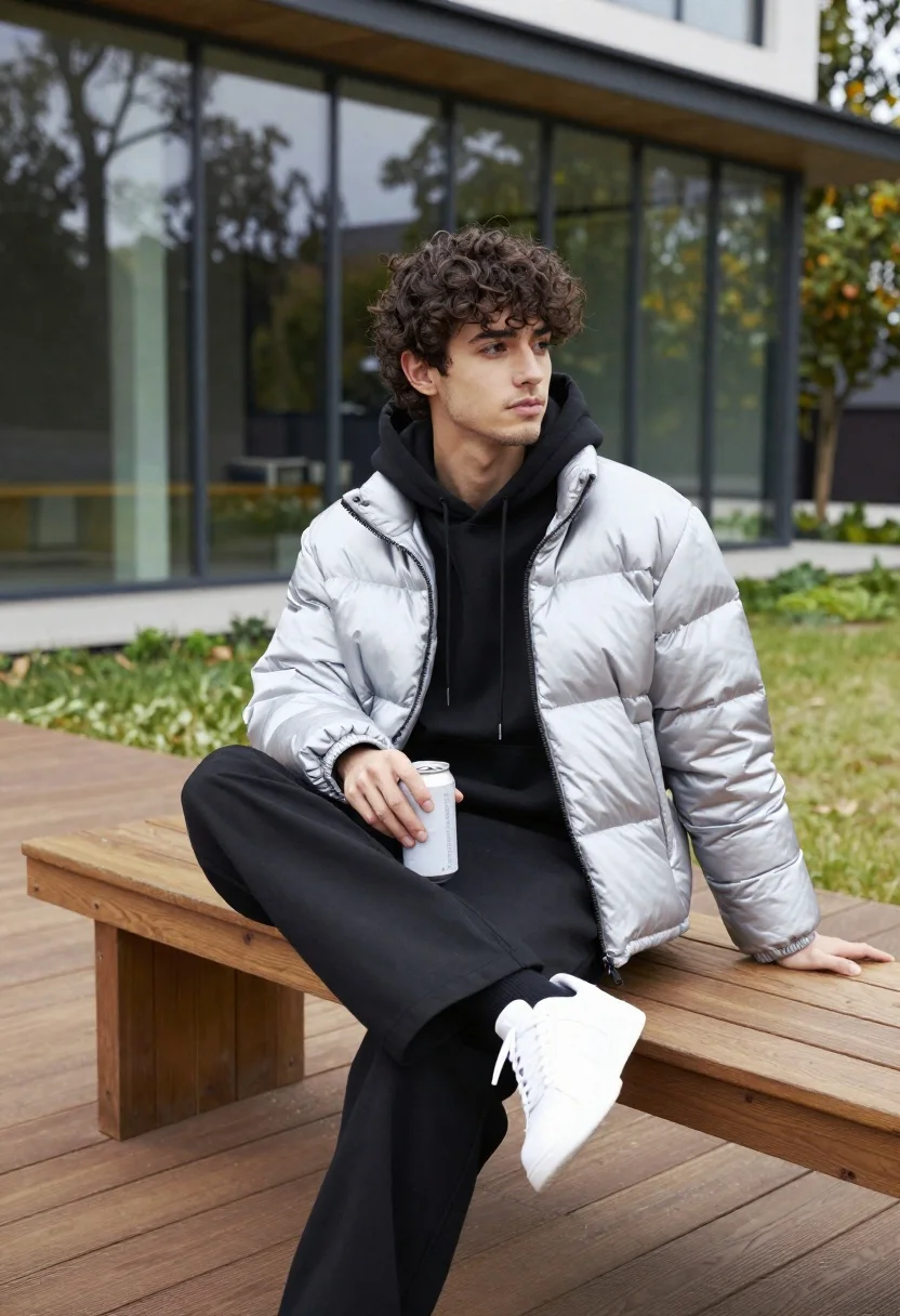 Young man in silver puffer jacket sitting on bench by glass house - AI generated image prompt sample