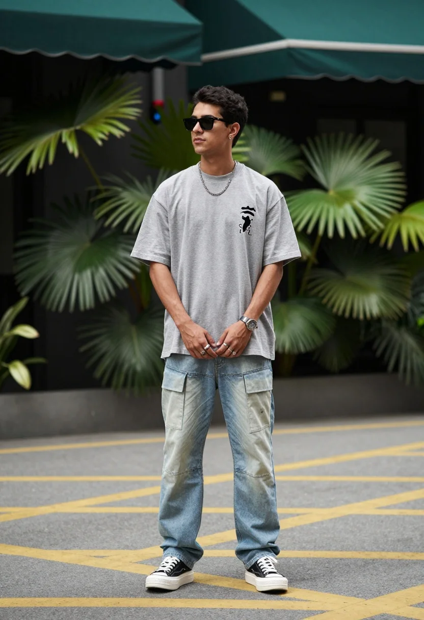 Stylish young man in grey tshirt standing outdoors near tropical foliage - AI generated image prompt sample