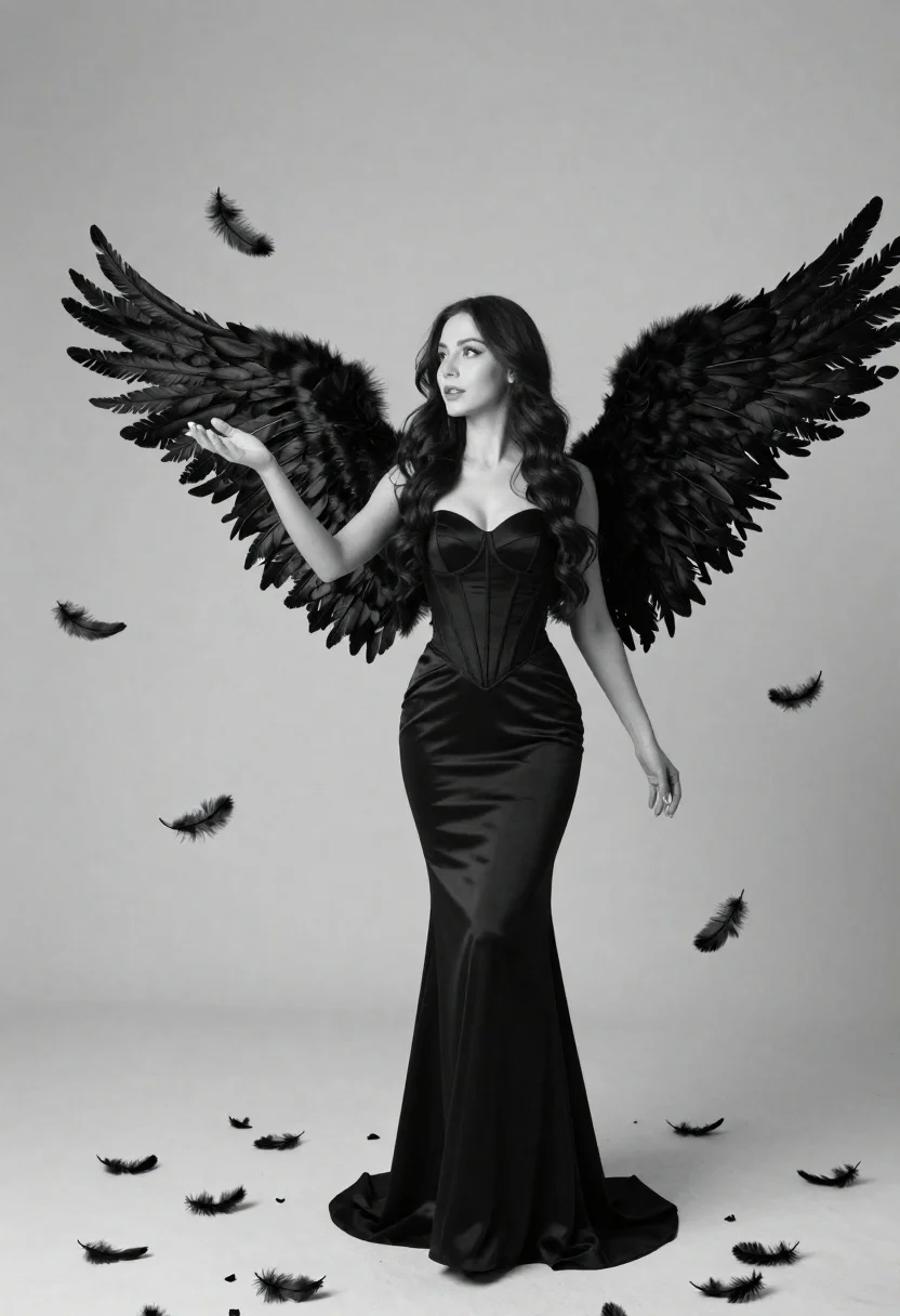Woman with large black feathered wings standing against a plain backdrop - AI generated image prompt sample