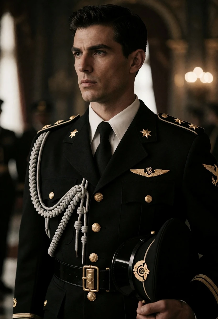 Man in military dress uniform standing in grand hall corridor portrait - AI generated image prompt sample