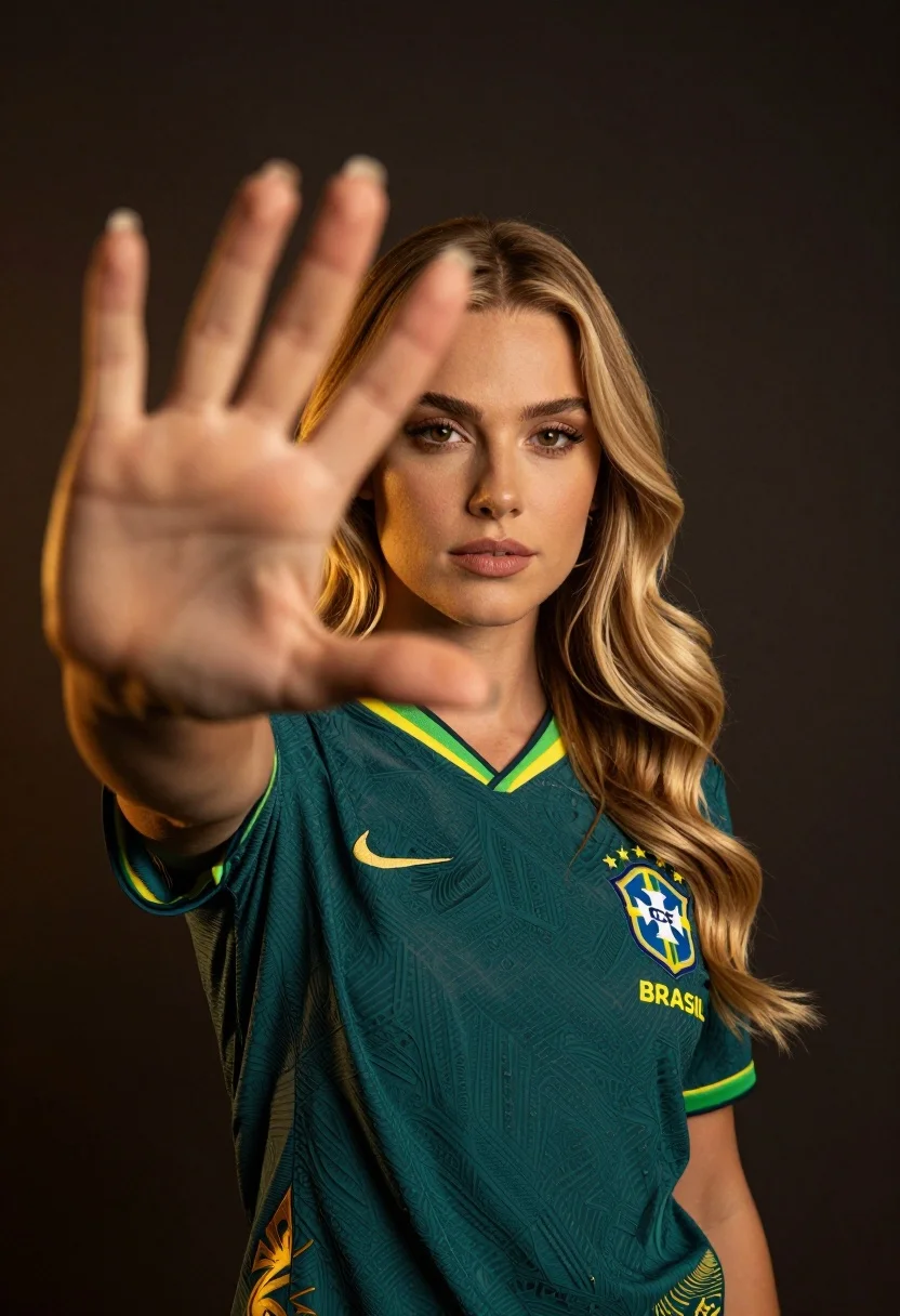 Young blonde woman in teal football jersey framed by blurred hand - AI generated image prompt sample