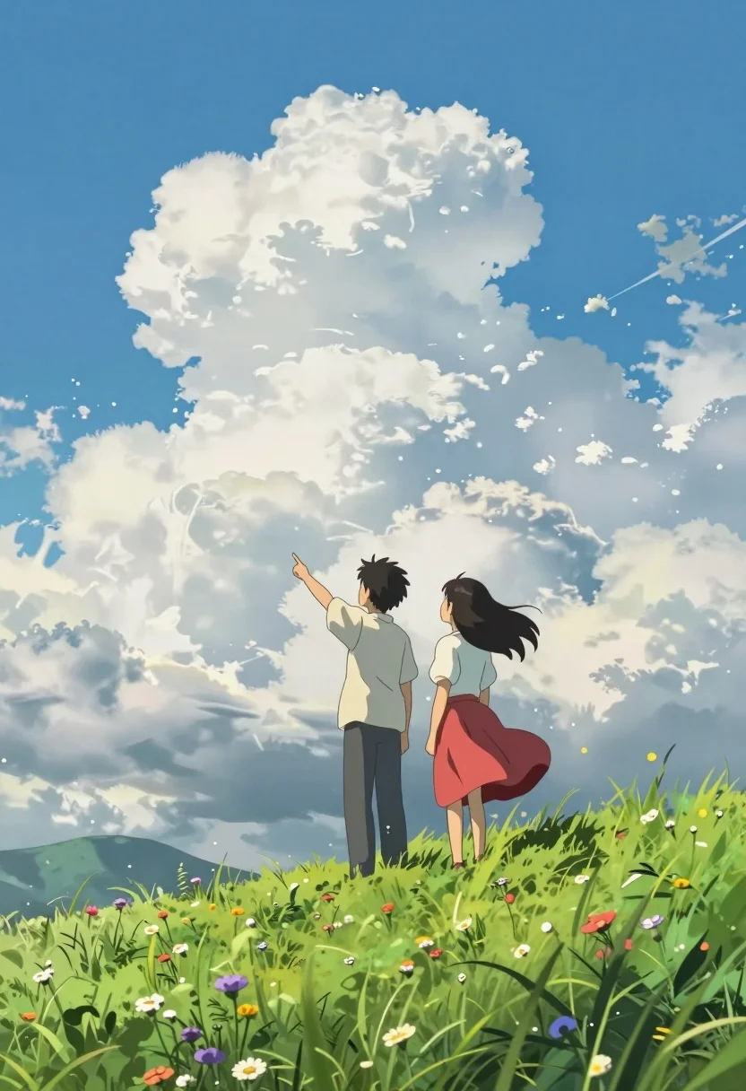 Two young people on green hillside looking up at vast blue sky - AI generated image prompt sample