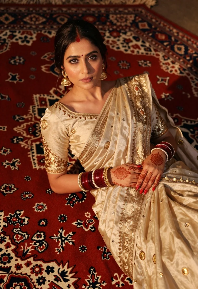 Indian woman in cream silk saree reclining on ornate red patterned rug - AI generated image prompt sample