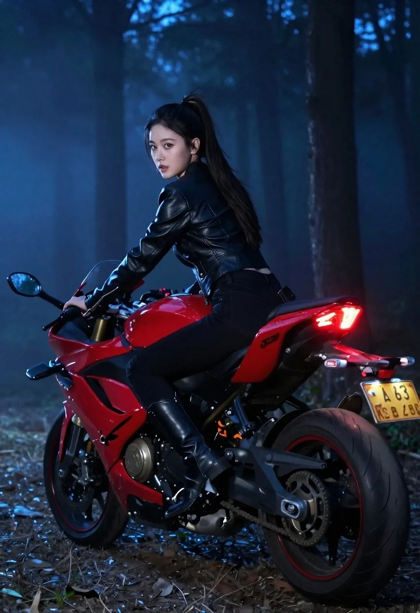 Young asian woman on red motorcycle in misty forest at night - AI generated image prompt sample