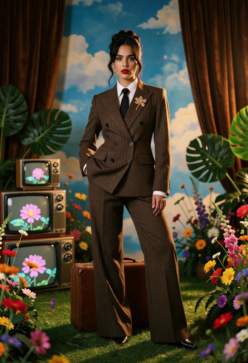 Woman in brown pinstripe suit on green turf near vintage electronics - AI generated image prompt sample