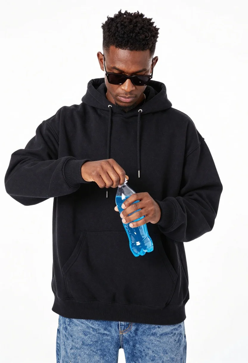 Young man opening blue sports drink on white background
