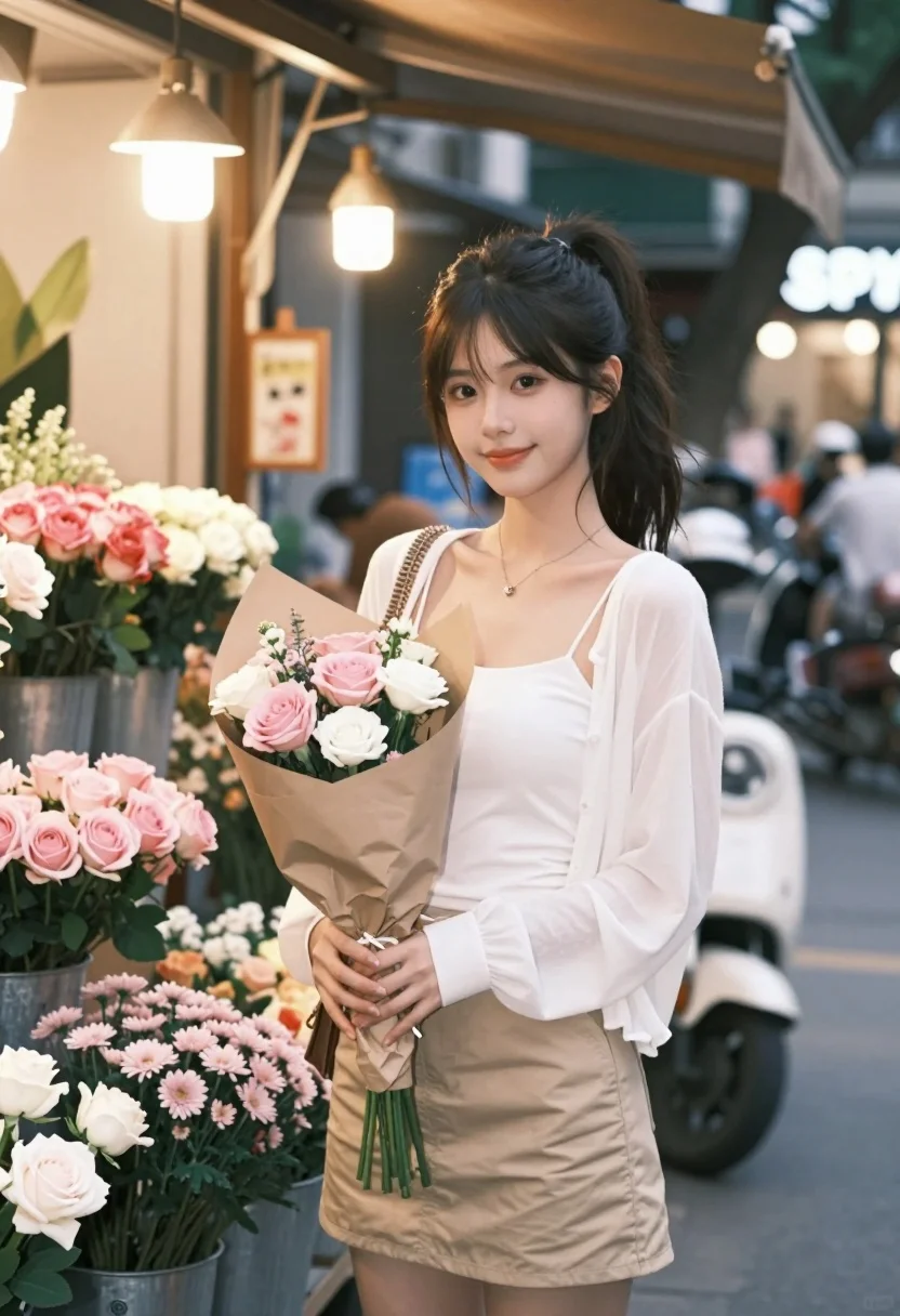 Young woman smiling with flowers in an outdoor flower shop setting - AI generated image prompt sample