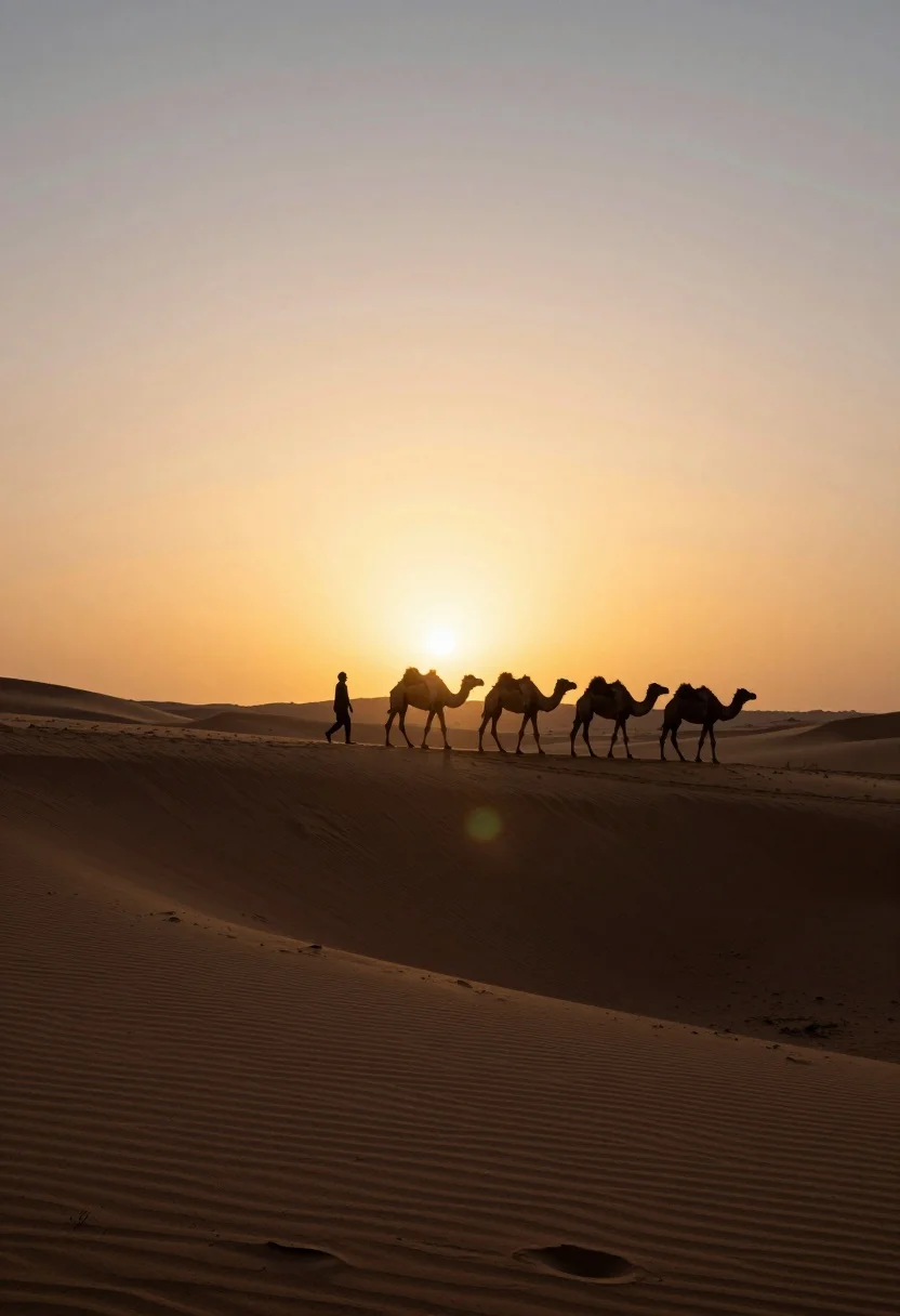 Dramatic silhouette of figure leading camel caravan across vast desert dune ridge - AI generated image prompt sample