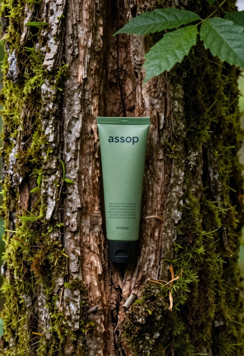 Green cosmetic tube in mossy old tree trunk crevice