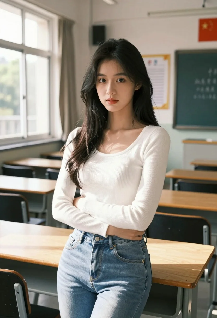 Young woman with dark hair standing in sunlit classroom by large window - AI generated image prompt sample