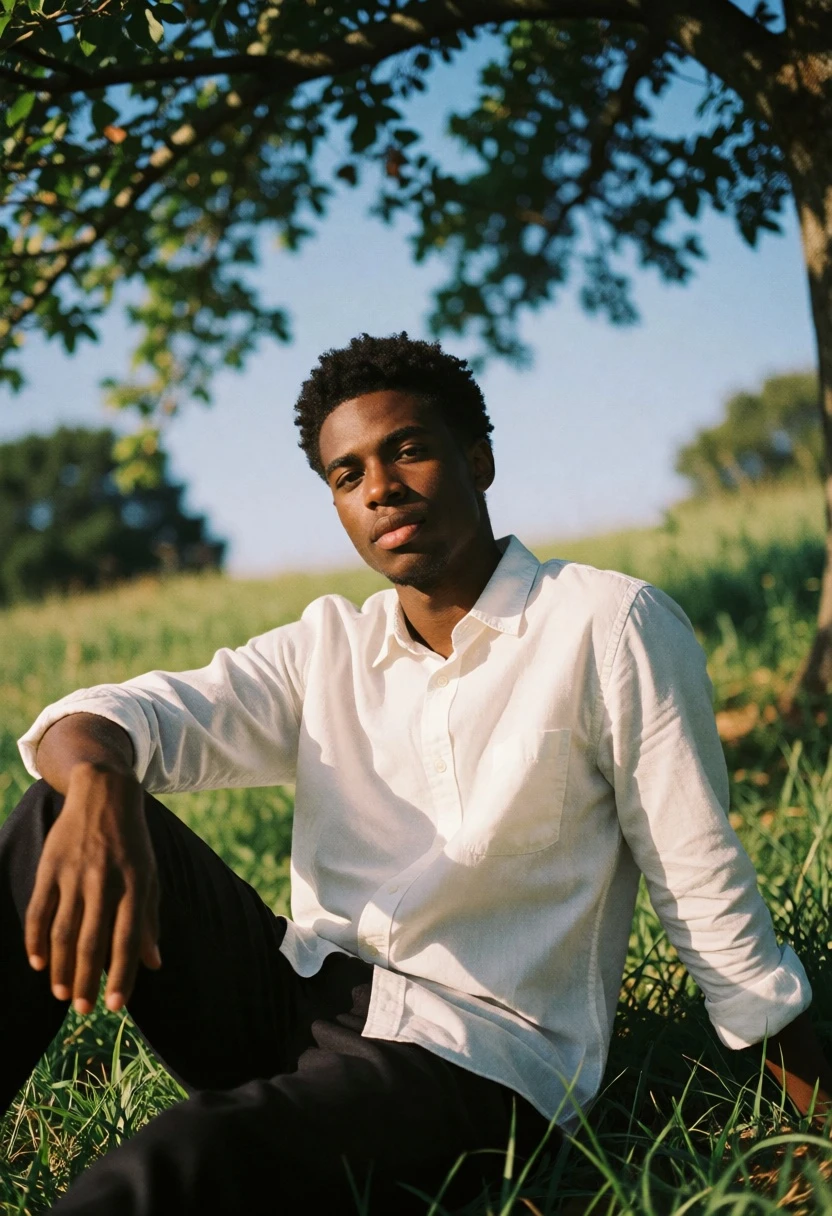 Young black man seated on grassy hill under tree shade with dappled - AI generated image prompt sample
