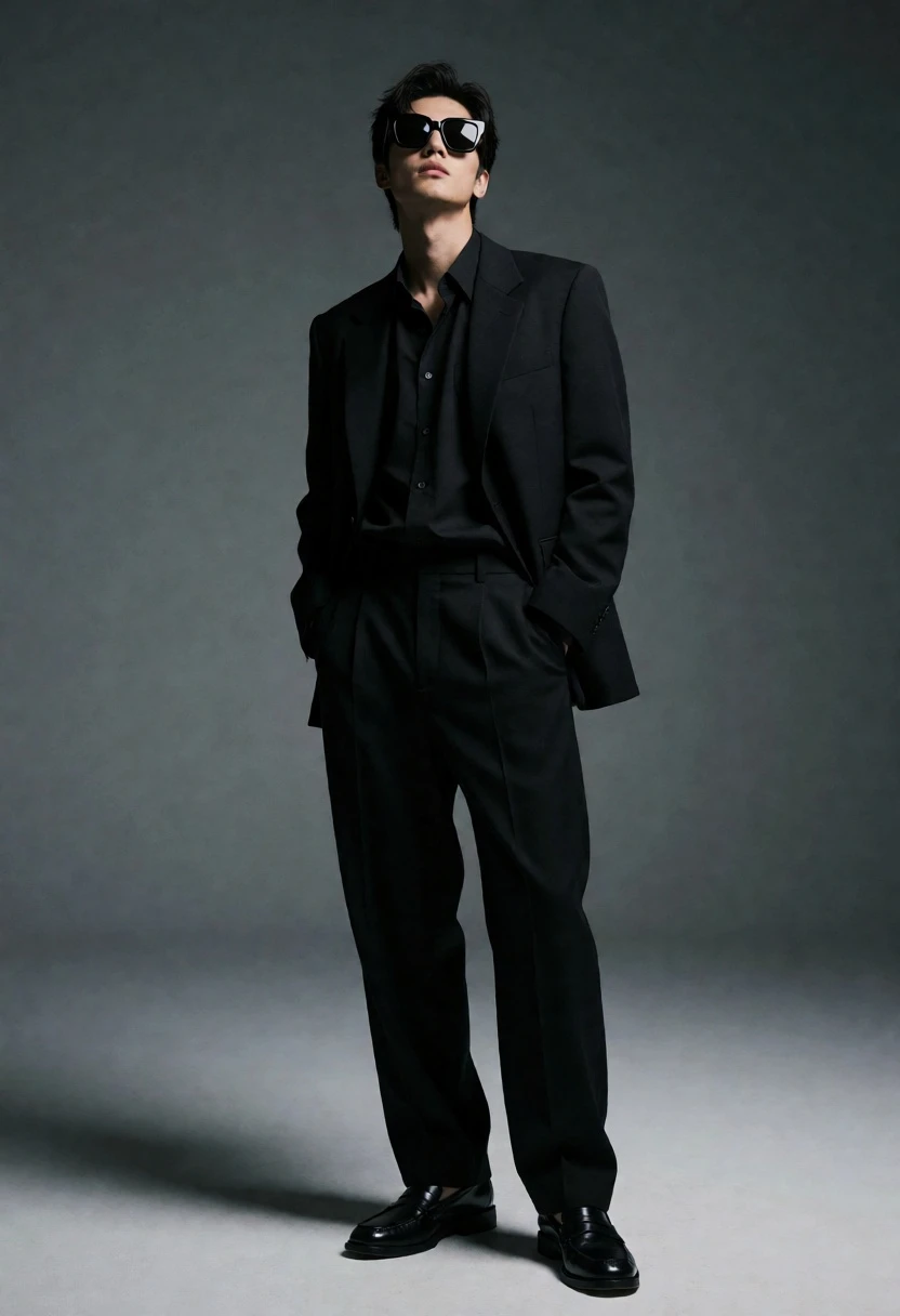 Full body portrait of stylish man in all black suit against gray - AI generated image prompt sample