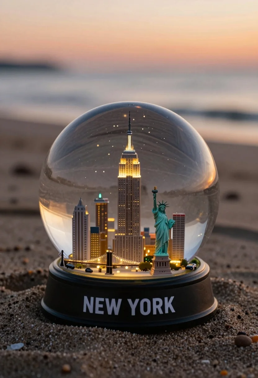 Miniature new york city skyline snow globe on sandy beach at sunset - AI generated image prompt sample