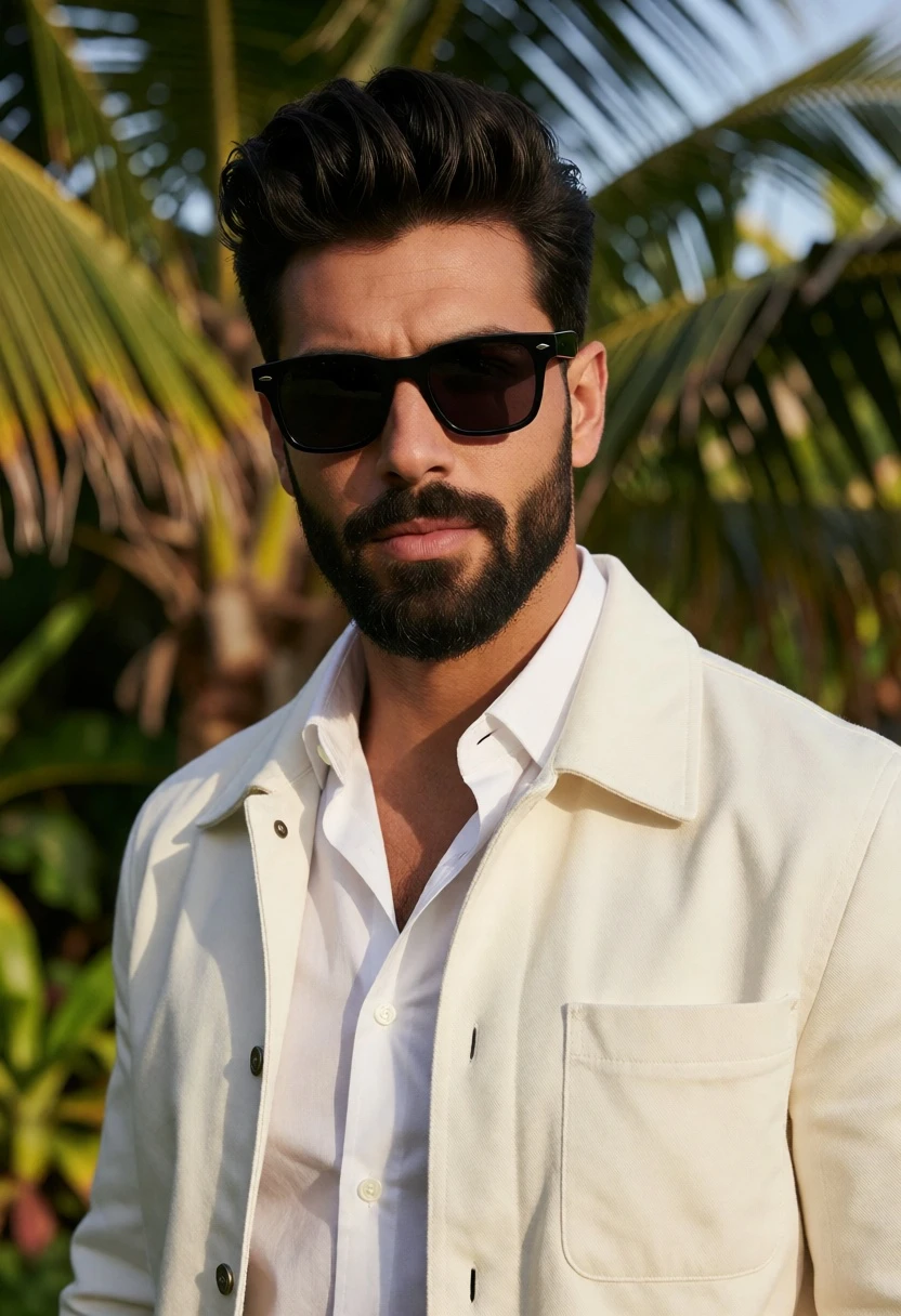 Medium close up portrait of man in pompadour against tropical palm foliage - AI generated image prompt sample