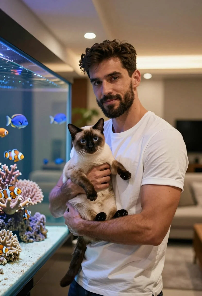 Fit man holding siamese cat near large aquarium with colorful fish - AI generated image prompt sample