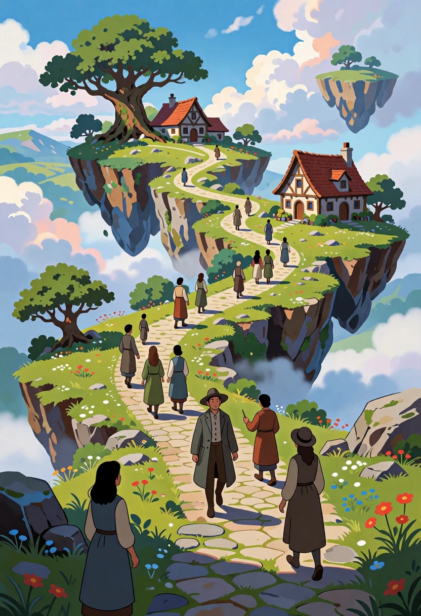 Whimsical fantasy landscape with floating islands and people on stone path - AI generated image prompt sample