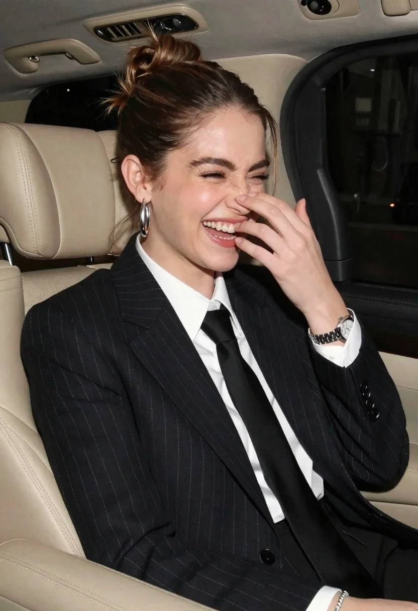 Candid medium close up of young woman laughing in luxury car seat - AI generated image prompt sample