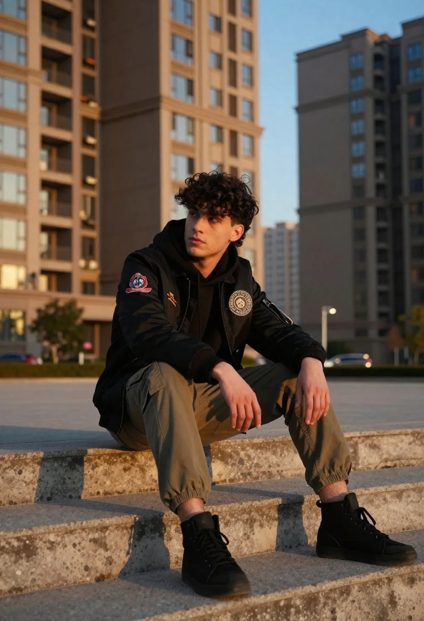 Young man sitting on concrete steps before apartment blocks at dusk - AI generated image prompt sample