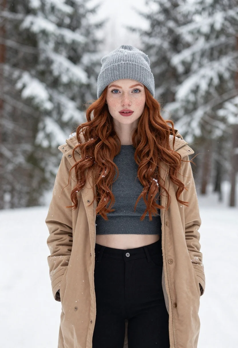Young woman with red hair standing in a snowy forest - AI generated image prompt sample