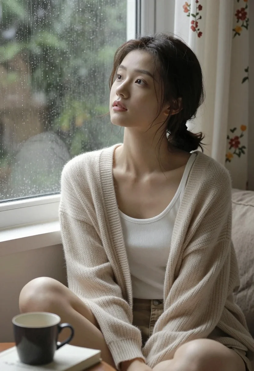 Young east asian woman by rainy window with book and mug - AI generated image prompt sample
