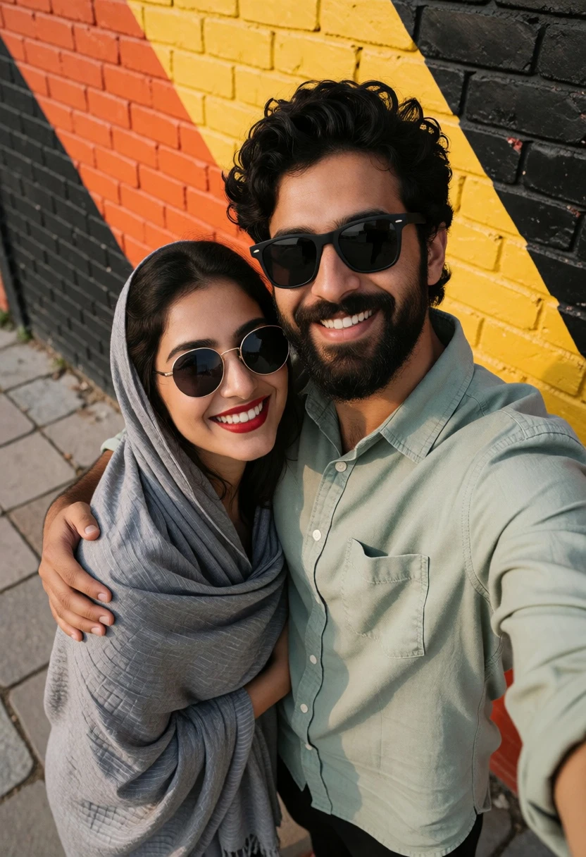 High angle selfie of smiling couple against painted brick wall backdrop - AI generated image prompt sample