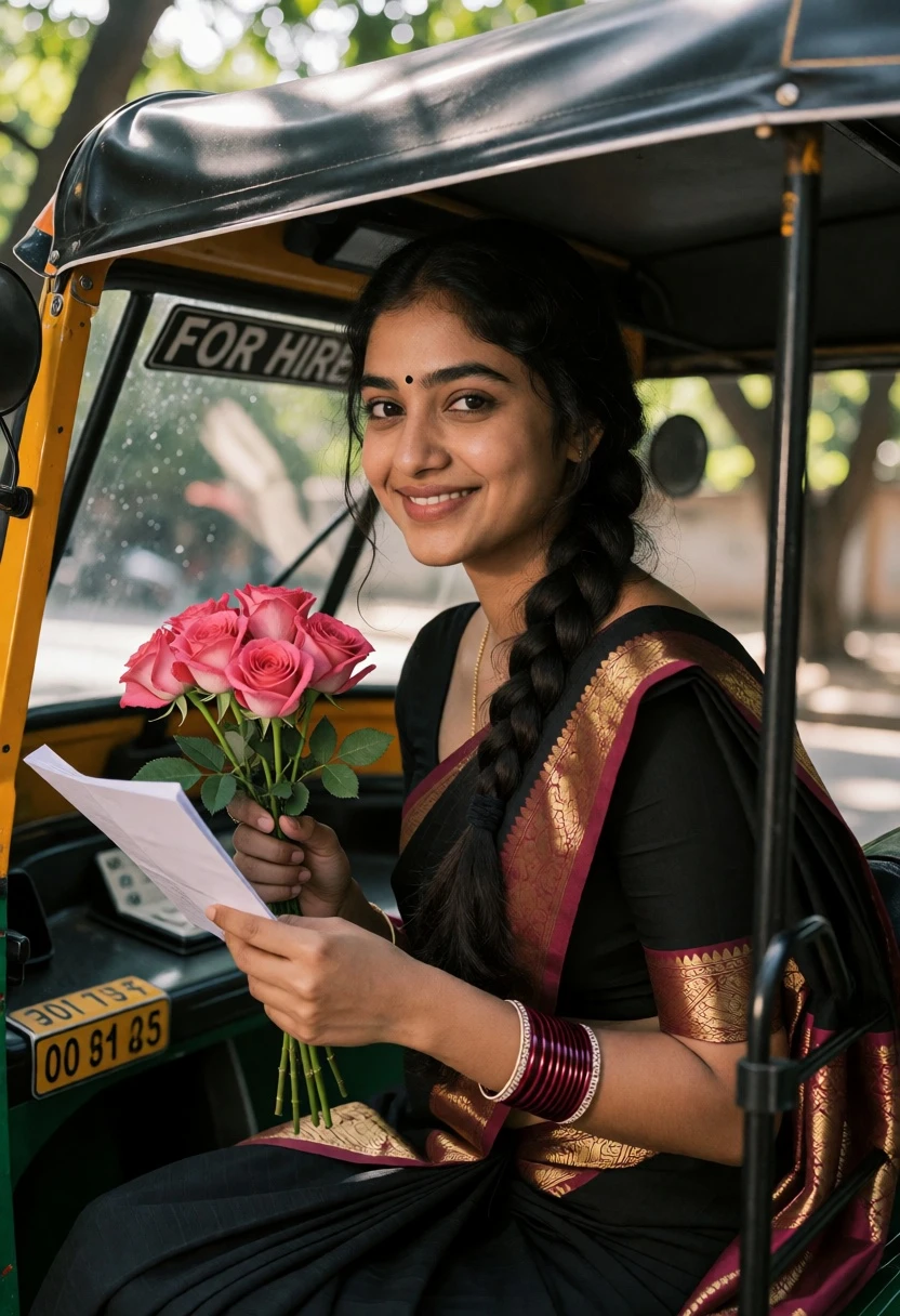 Young woman in black saree sitting inside auto rickshaw with pink roses - AI generated image prompt sample