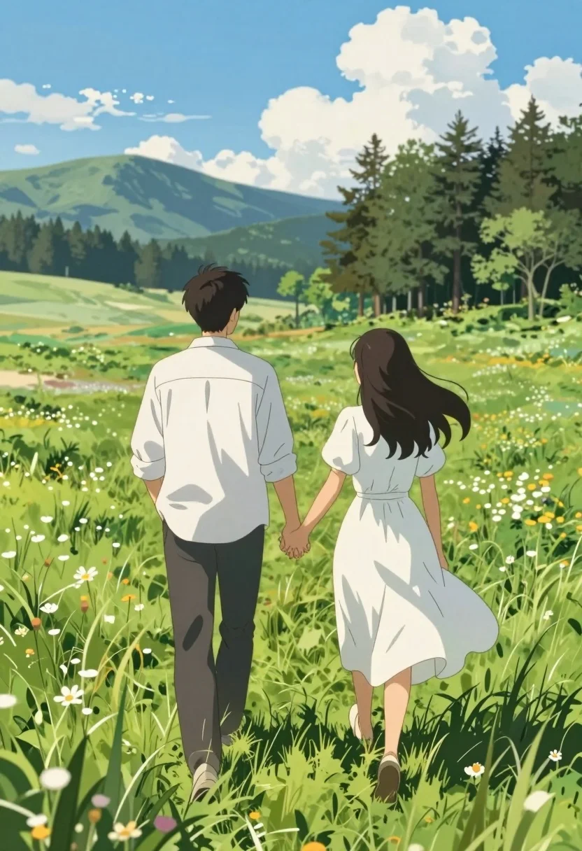 Anime style couple walking hand in hand through green meadow toward mountains - AI generated image prompt sample