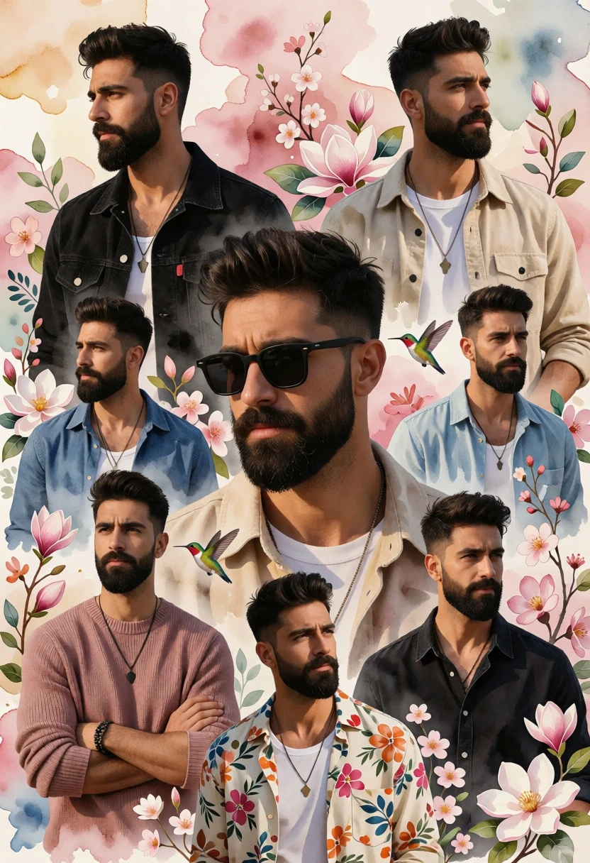 Collage portrait montage of bearded man in various outfits against soft florals - AI generated image prompt sample