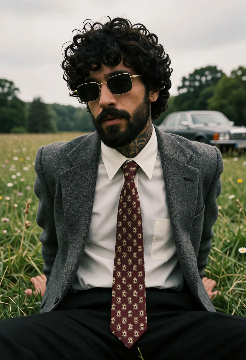 Man in suit sitting in grassy field with vintage car under overcast - AI generated image prompt sample