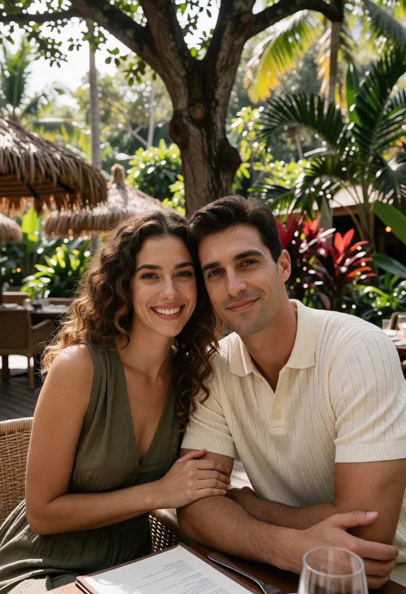 Couple seated closely at outdoor restaurant table under lush greenery - AI generated image prompt sample