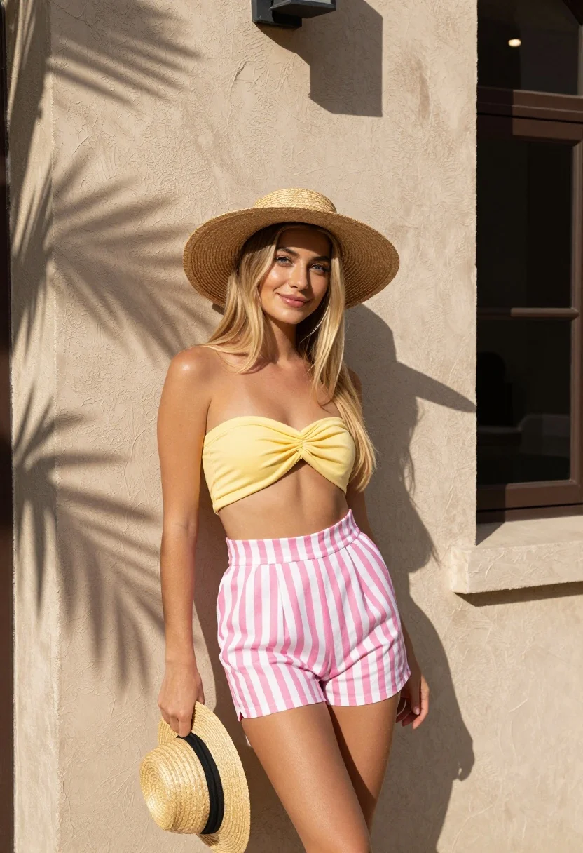 Blonde woman in yellow top leaning against beige stucco wall with hat - AI generated image prompt sample